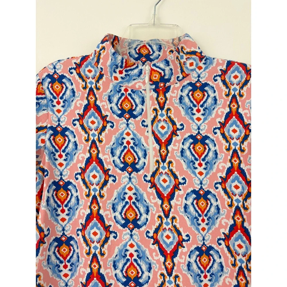 IBKUL Quarter Zip Mock Neck Sun Shirt Size L Ikat Damask Print Long Sleeve UPF50 - Picture 4 of 10